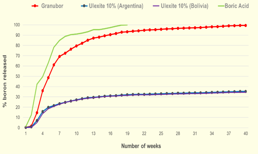 Graph comparison of Granubor, ulexites, and boric acid over 40 weeks in clay soil