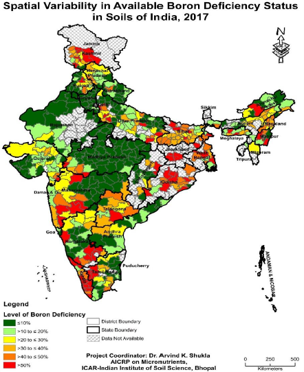 Spatial variability in available boron deficiency status in soils of India (2017)